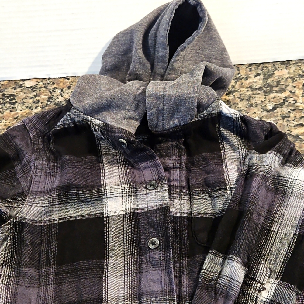 Gray and Black Plaid Hooded Shirt